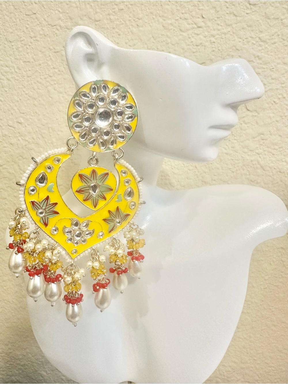 14k Gold Plated Vibrant Yellow Kundan-Style Drop Earrings with Pearl Tassels